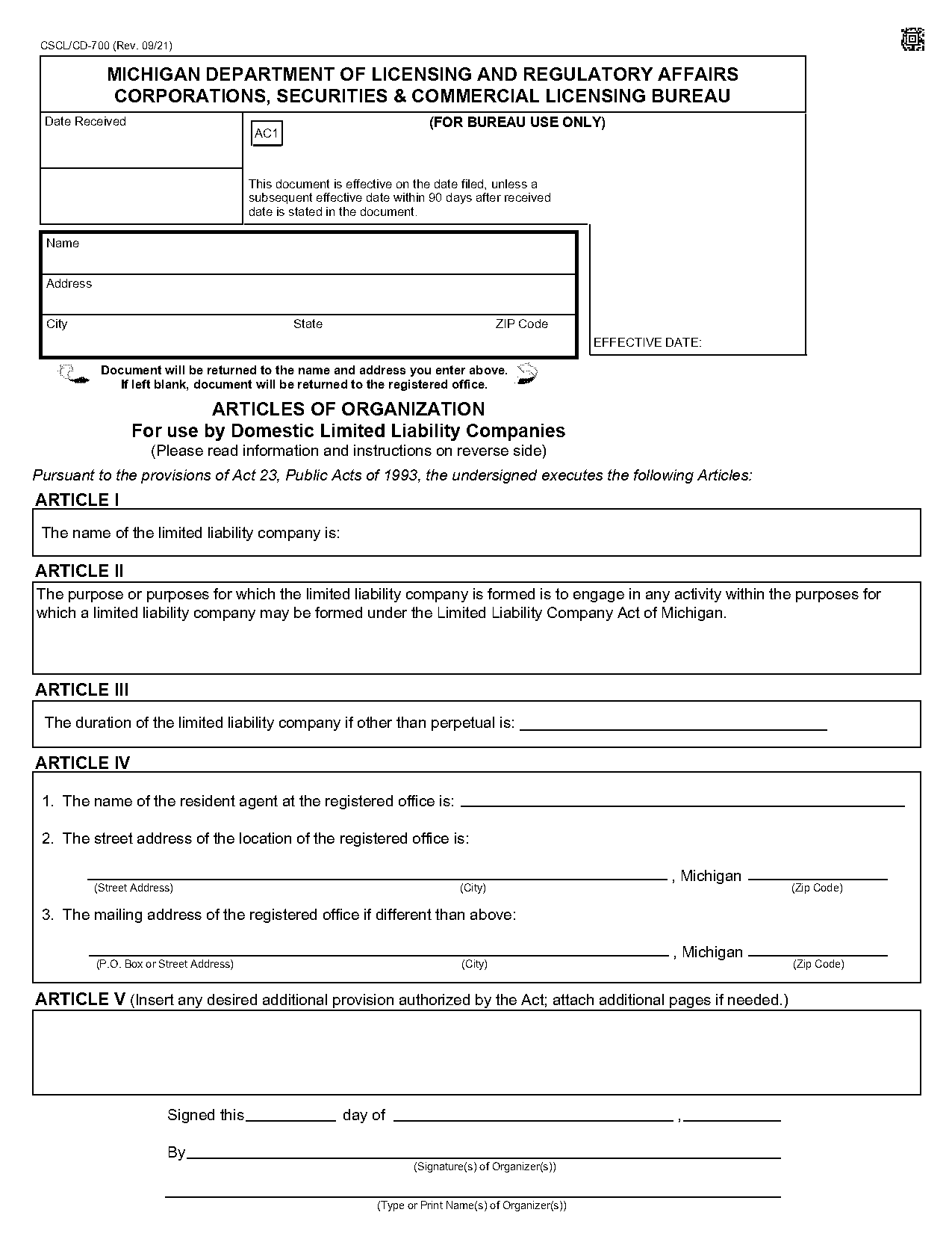 state of michigan article of incorporation