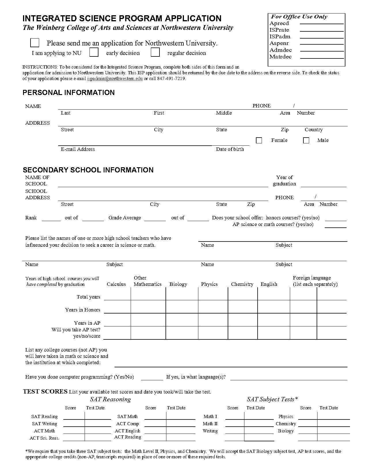 northwestern subject test requirements