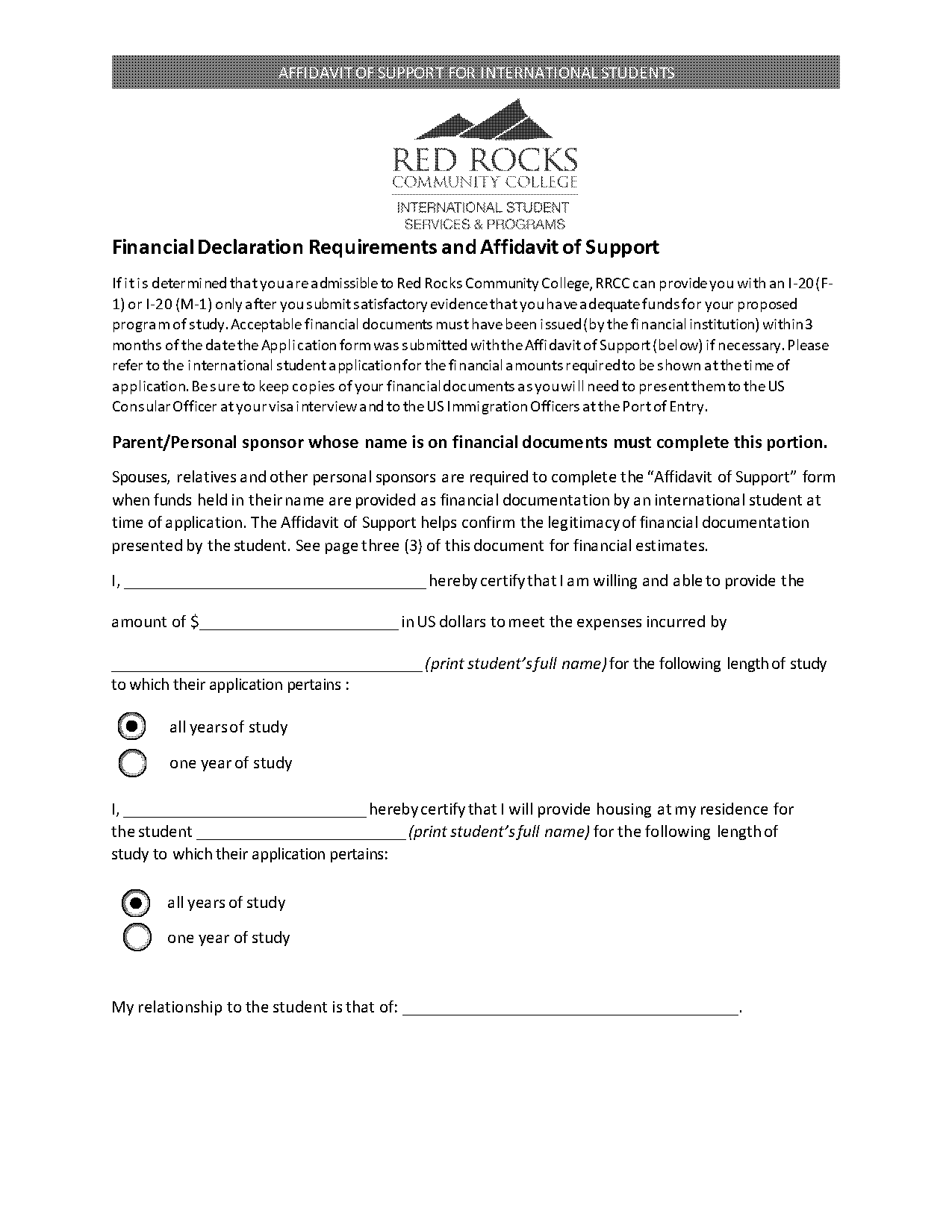 affidavit support letter example for international students