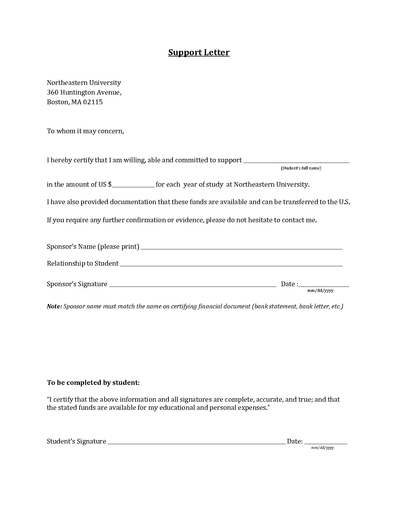 affidavit support letter example for international students