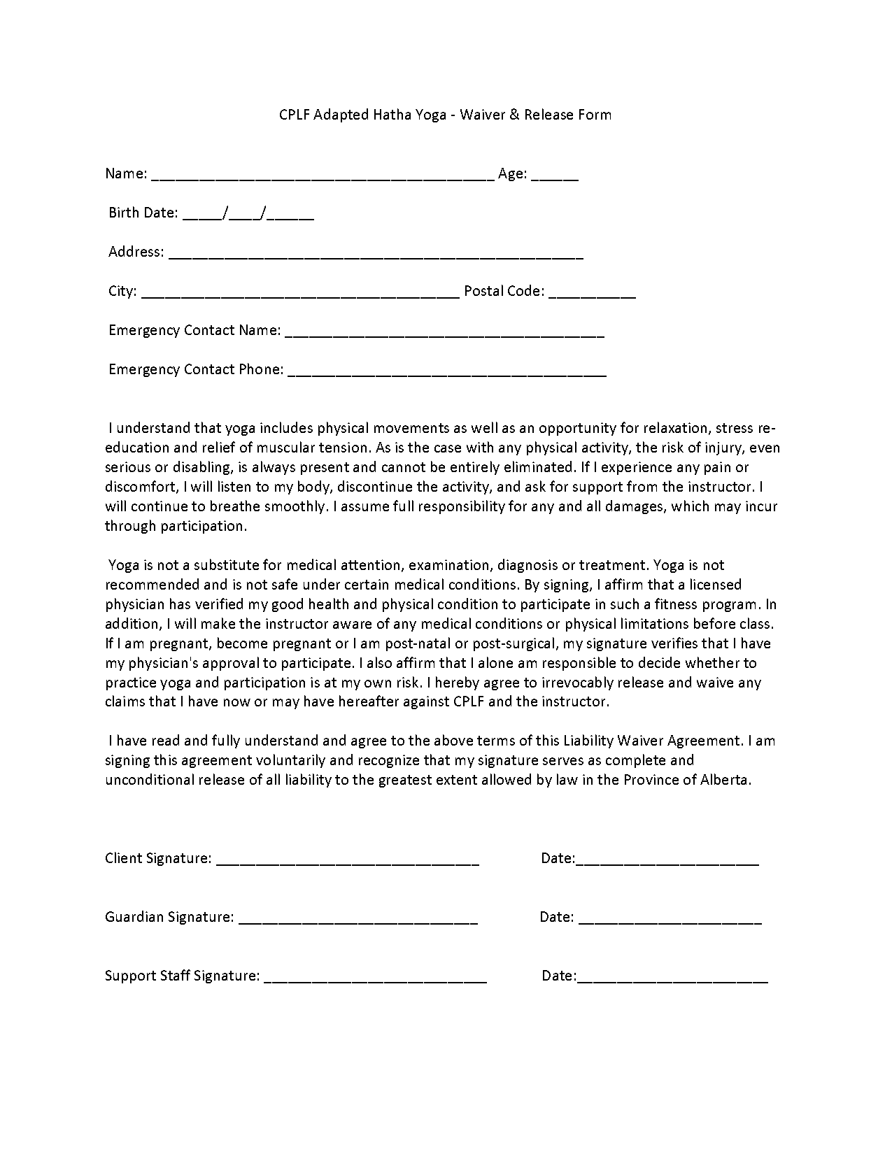 free yoga waiver template