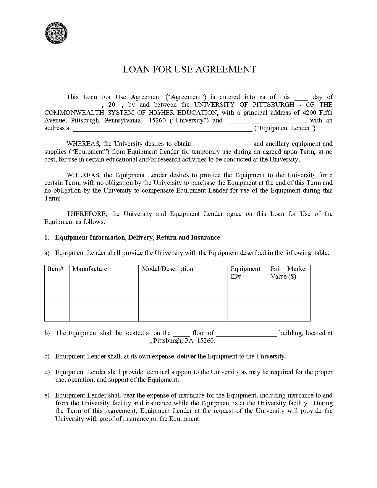 sample of equipment use agreement