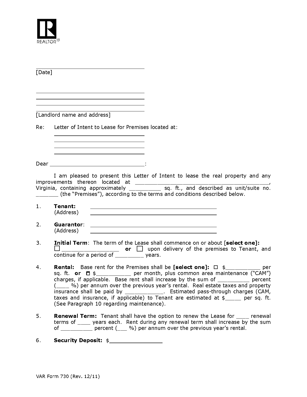 commercil lease letter of intent