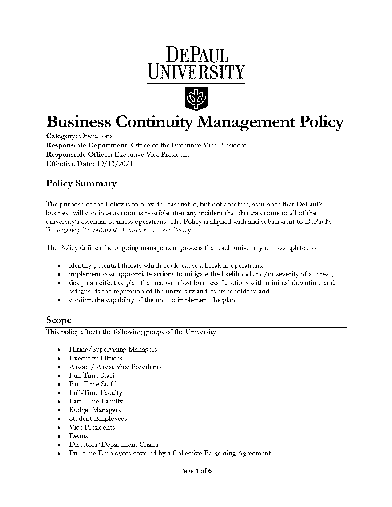 bcm policy statement template