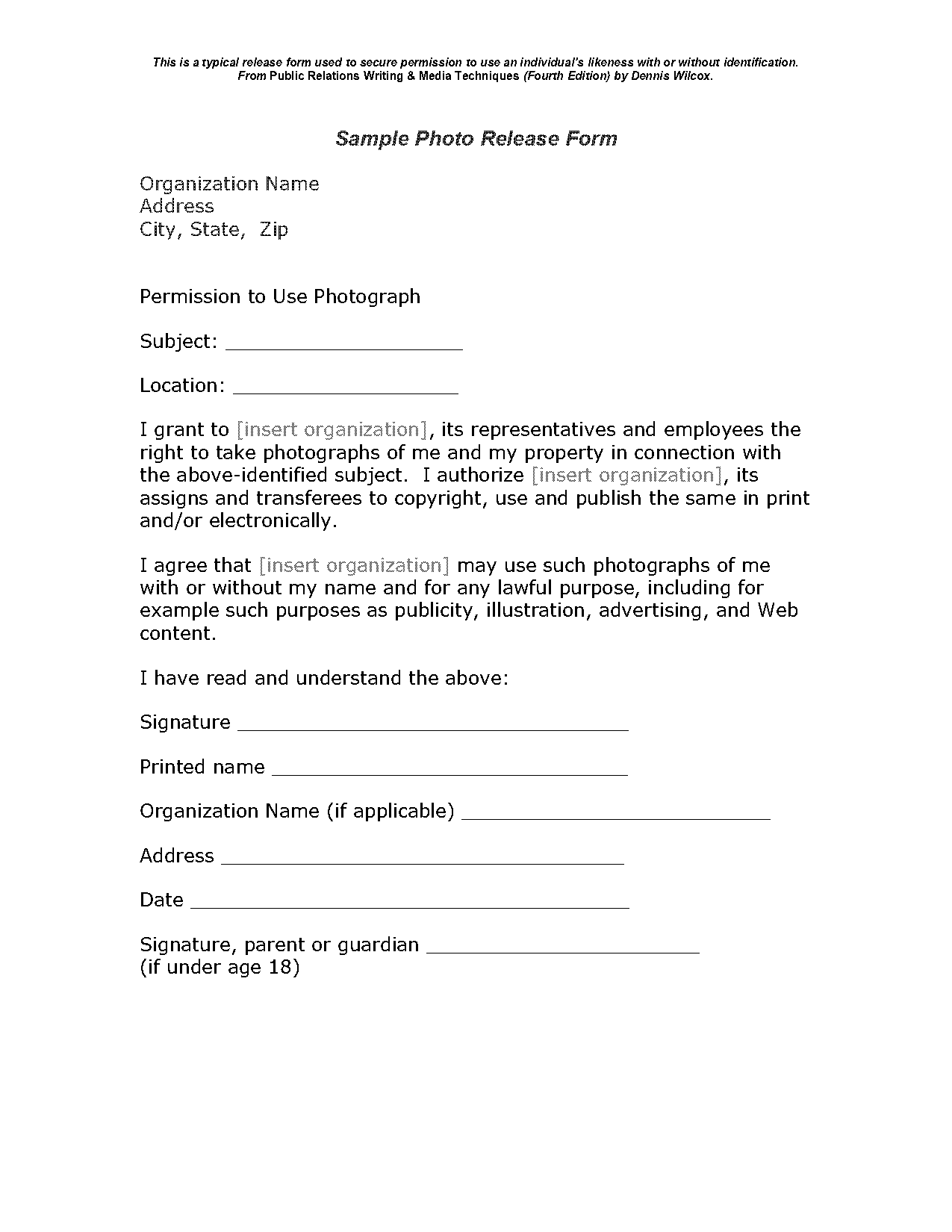 photography release form template