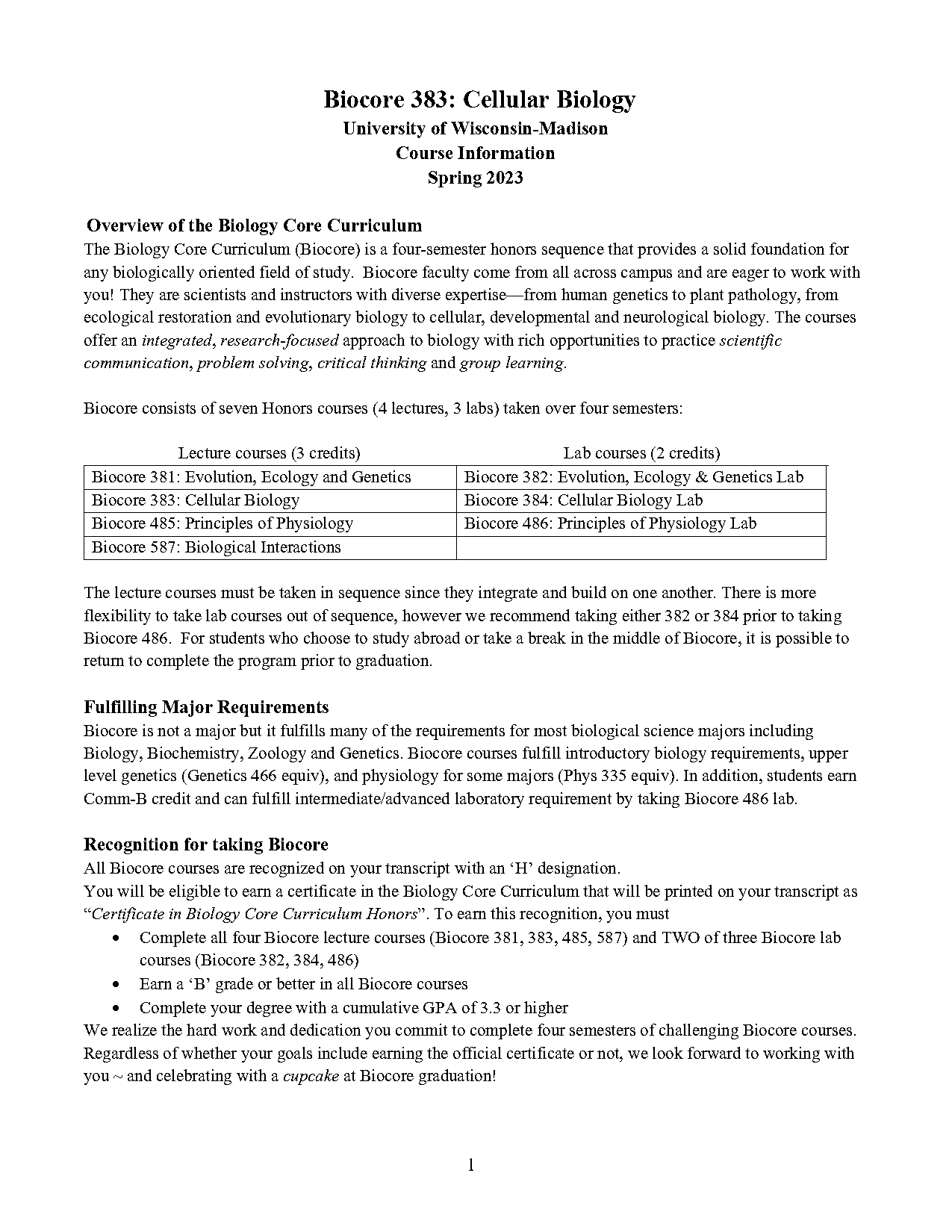 biology major uw madison requirements