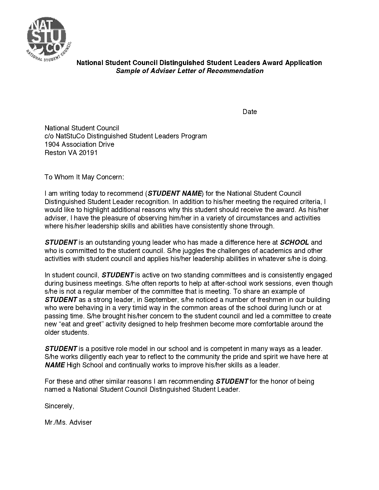 letter of recommendation template for student council