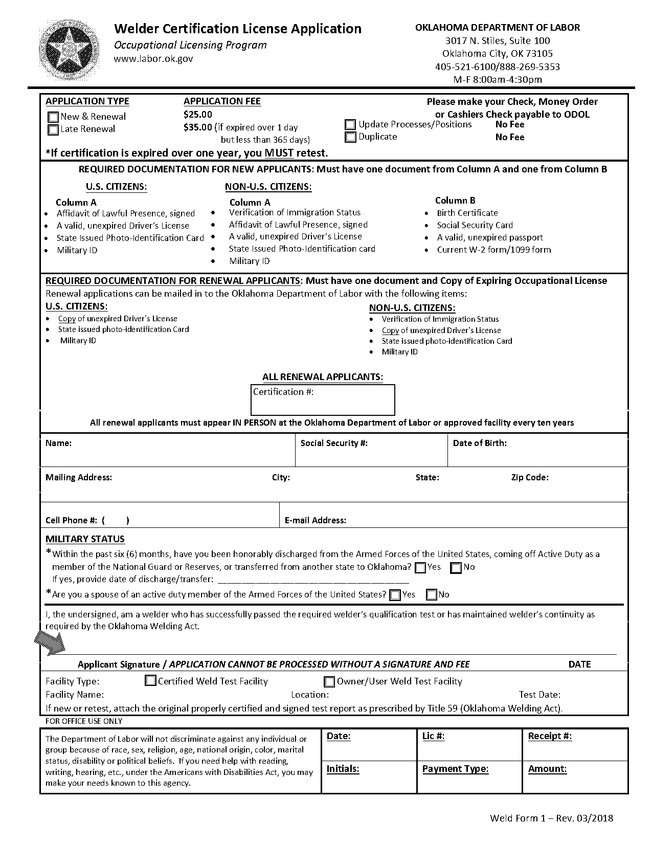 oklahoma department of labor welding certification renewal