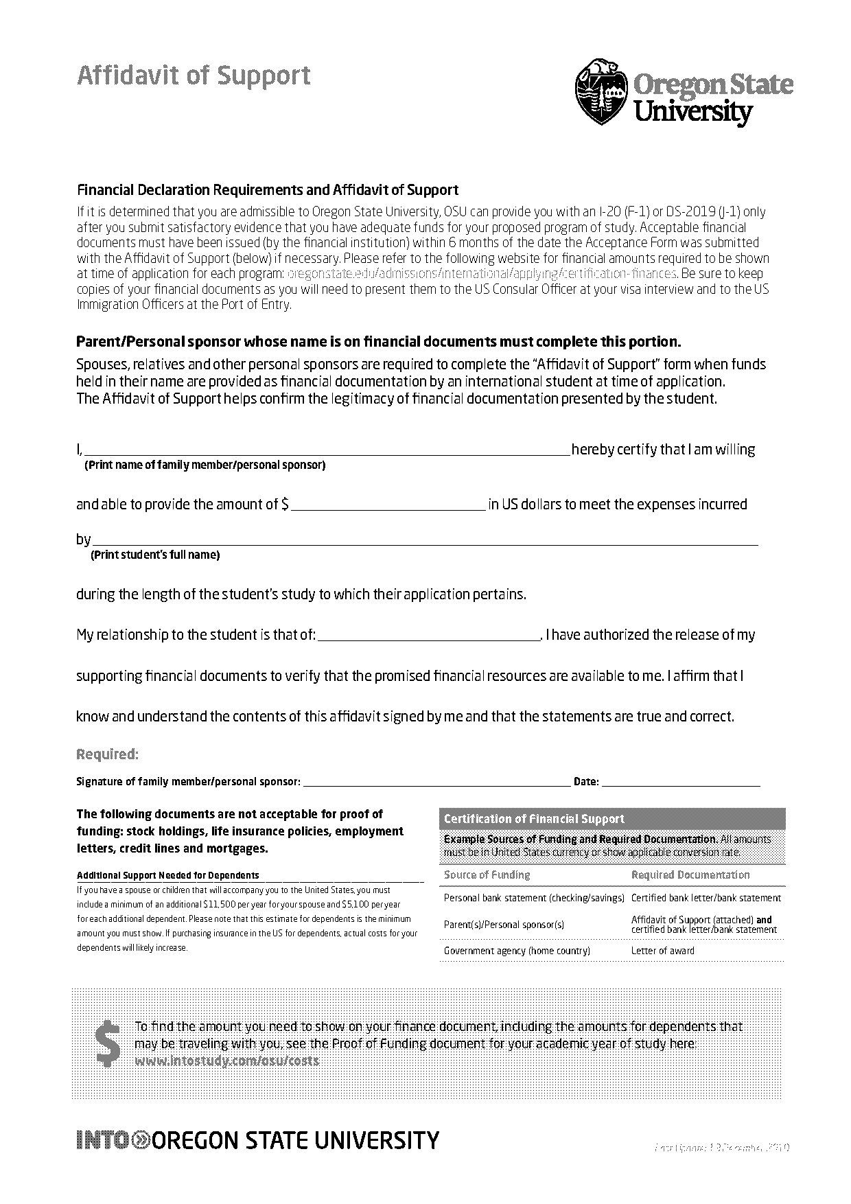 affidavit support letter example for international students