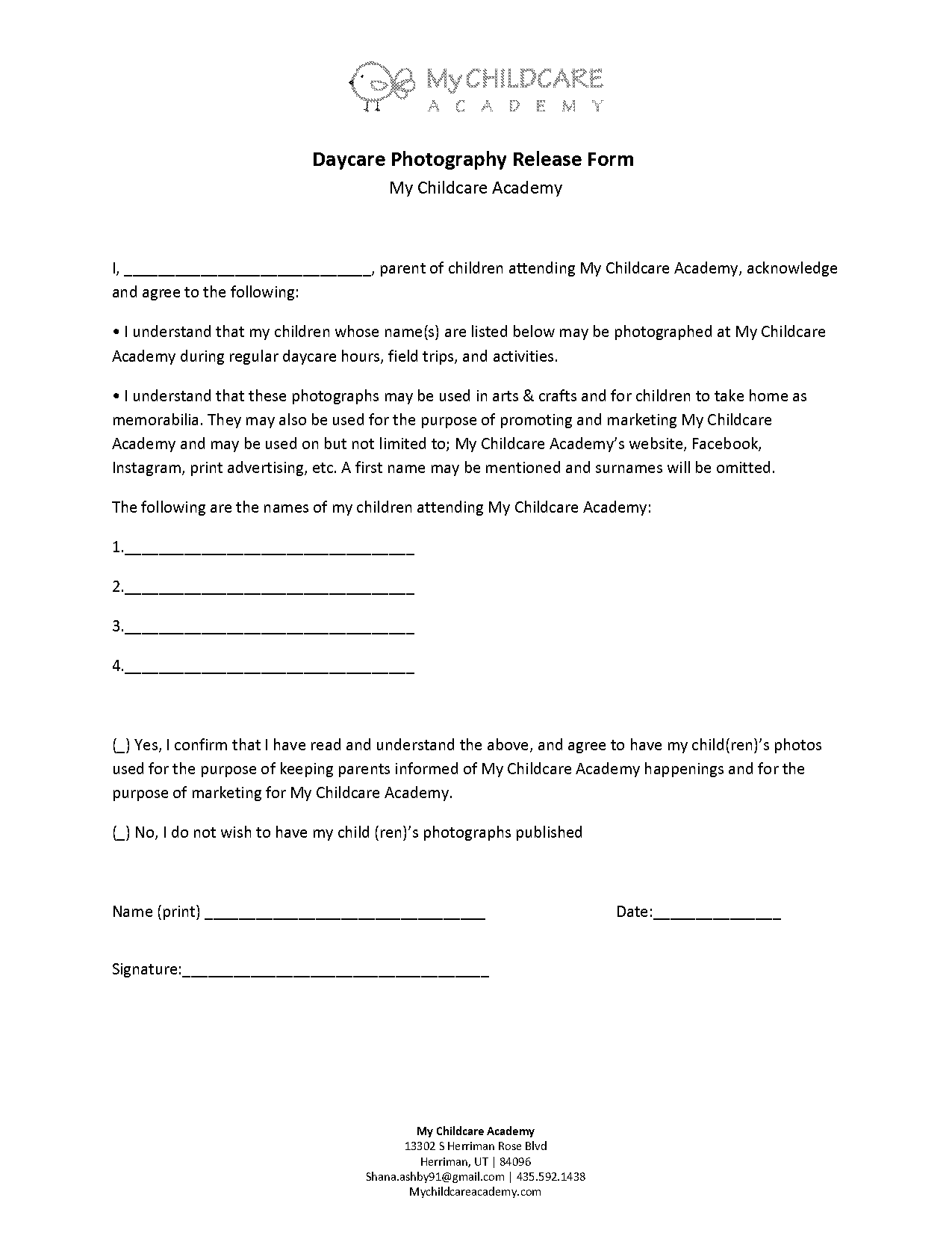 photography release form template