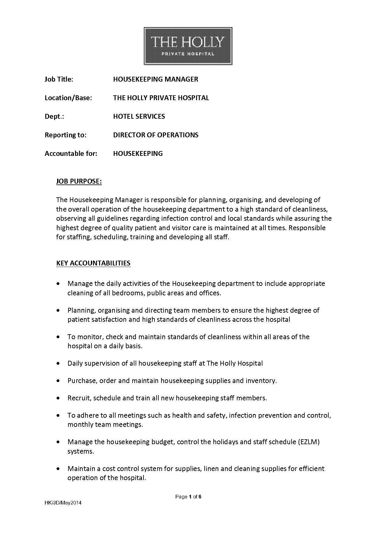 housekeeping manager resume description