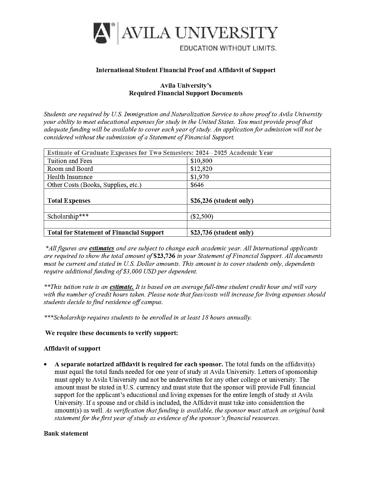 affidavit support letter example for international students