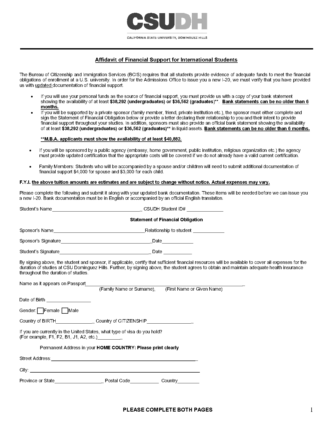 affidavit support letter example for international students