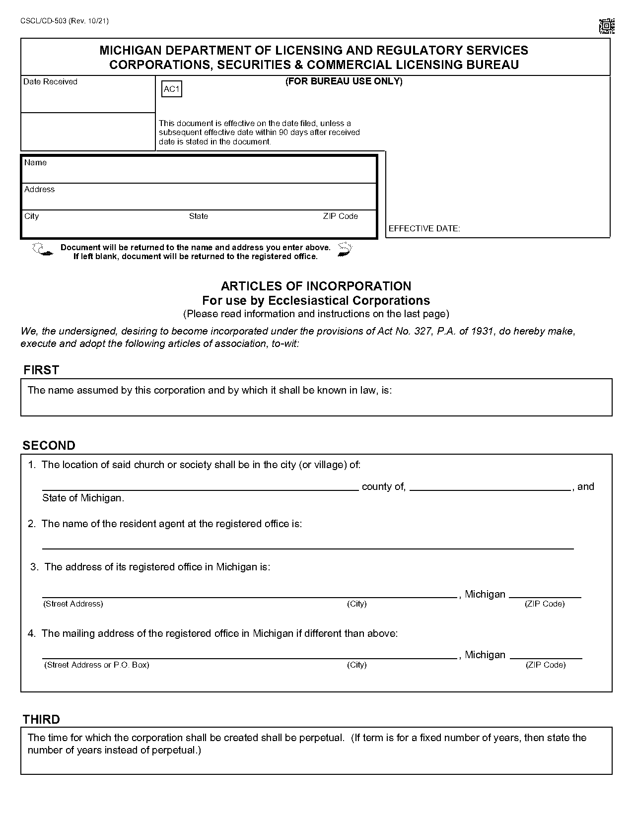 state of michigan article of incorporation