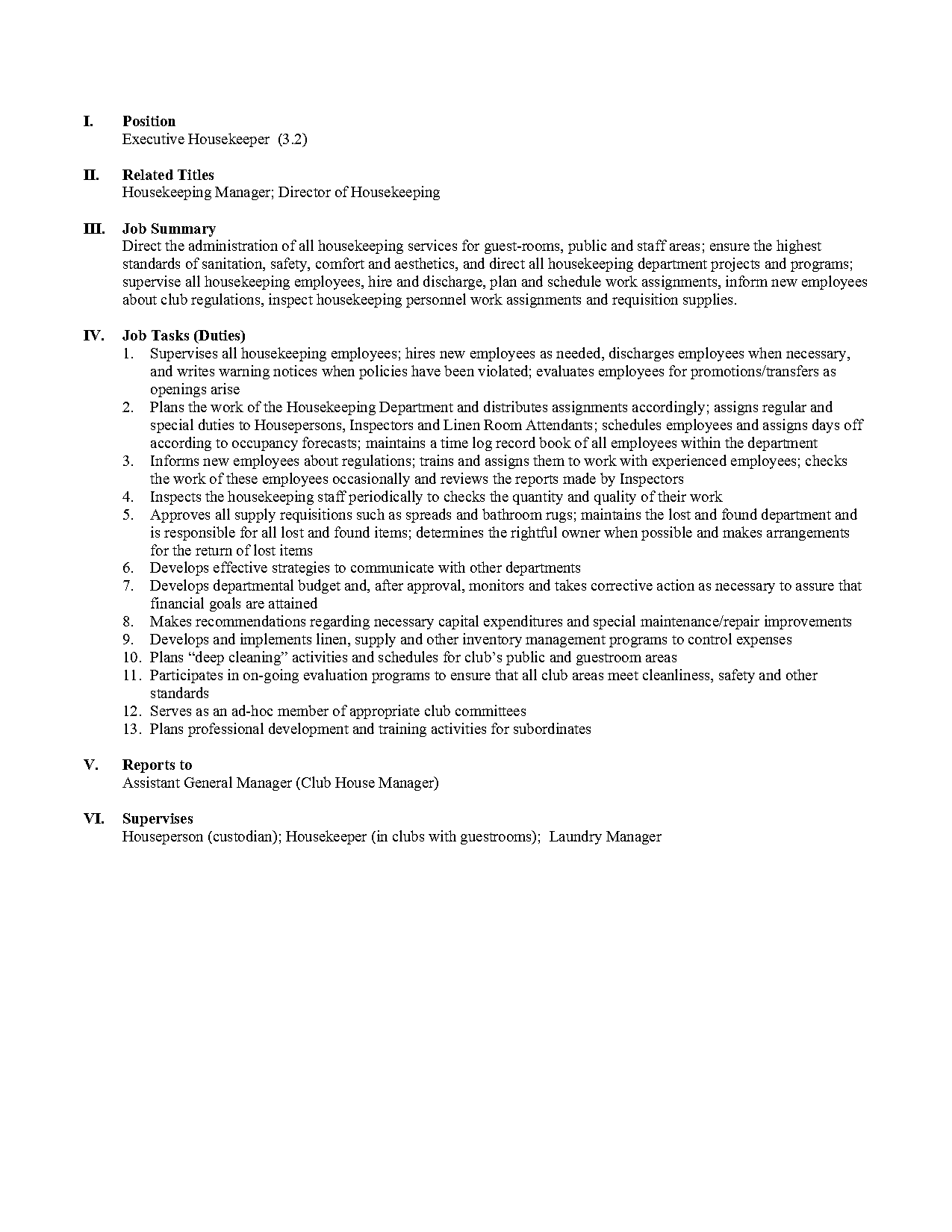 housekeeping manager resume description