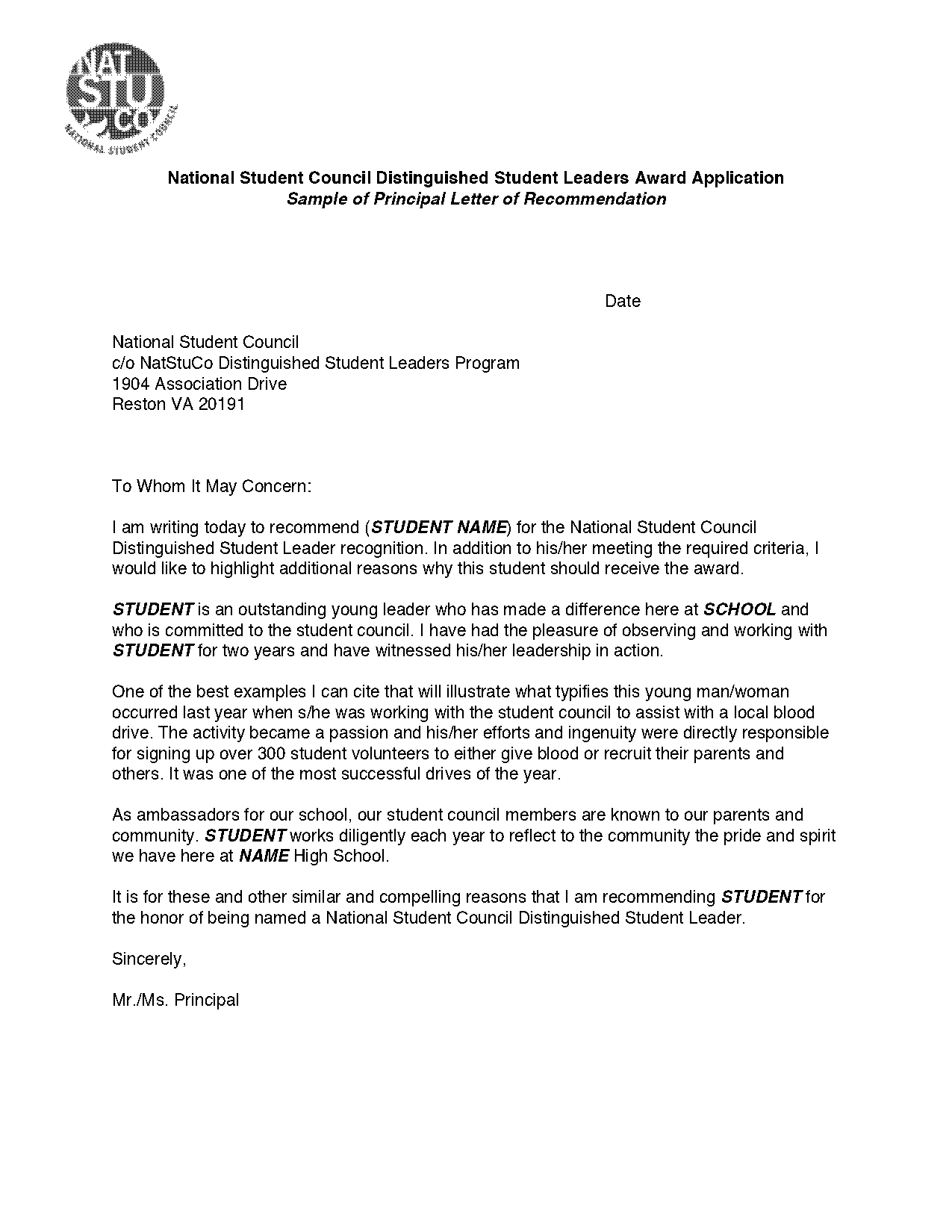 letter of recommendation template for student council