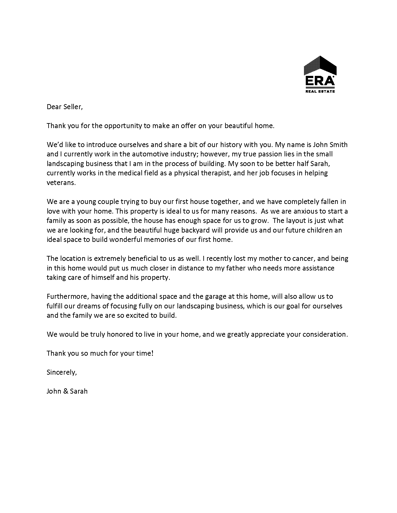 letter to sellers of home sample