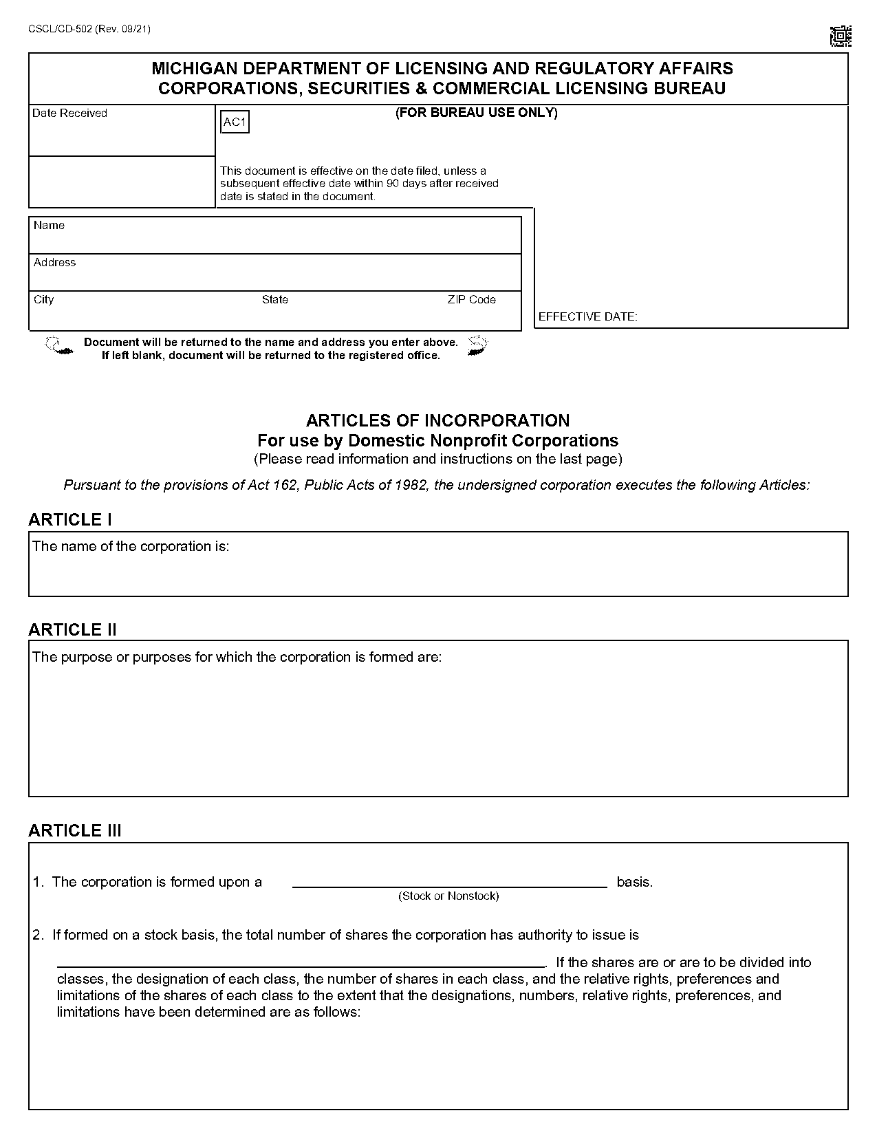 state of michigan article of incorporation