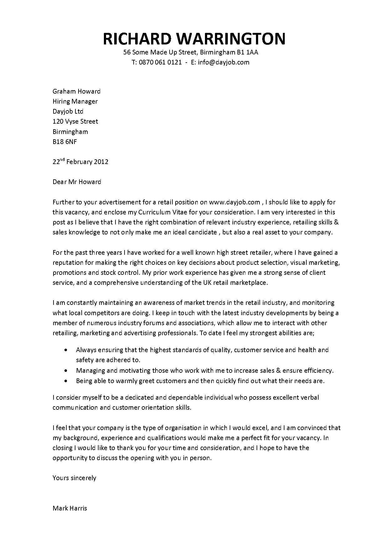 retail cover letter template