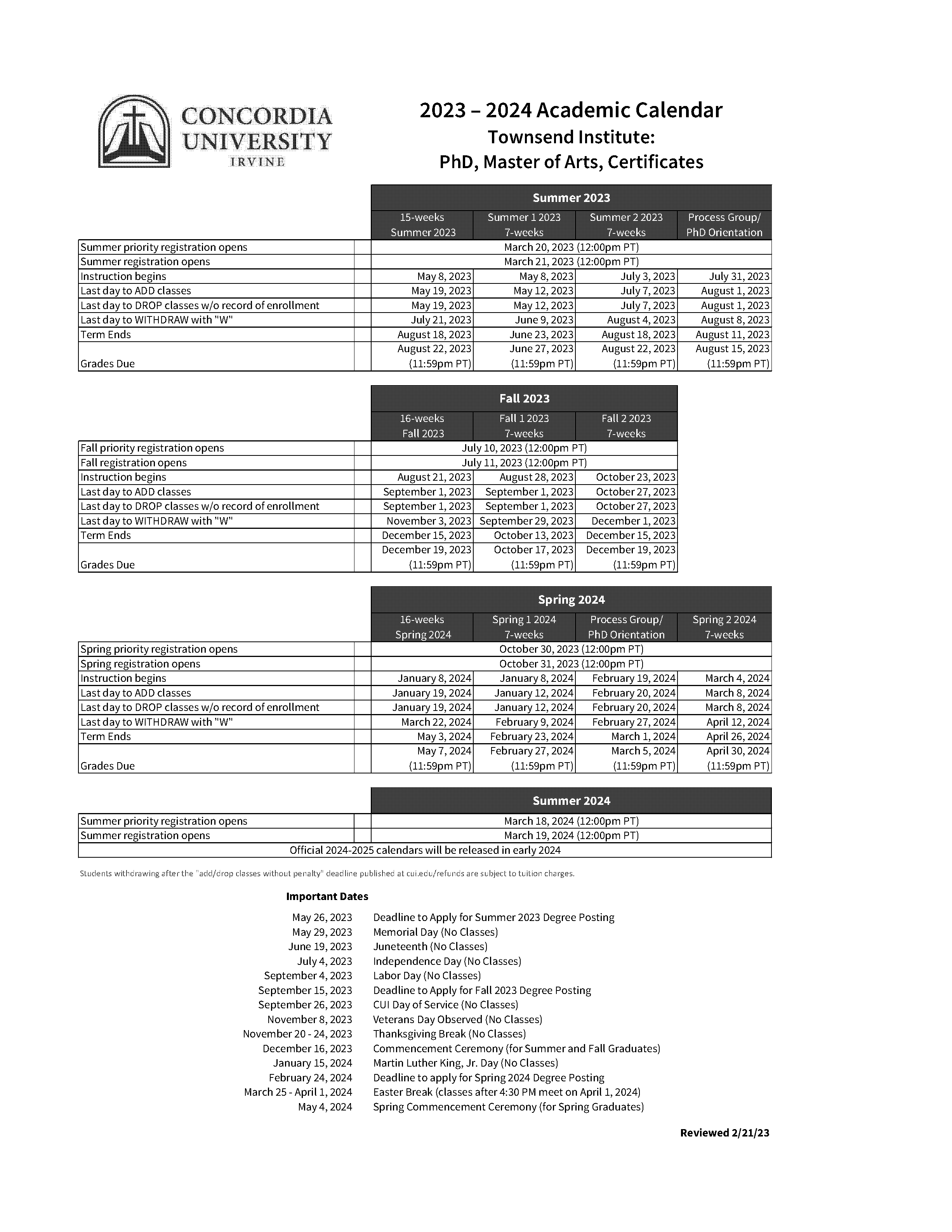 concordia university term dates